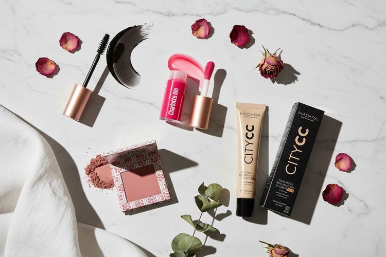 Charlotte Bio mascara, læbeolie og blush samt MÁDARA City CC Cream arrangeret på hvid marmor med rosenblade og eukalyptus — organisk makeup fra Nordisk Balance