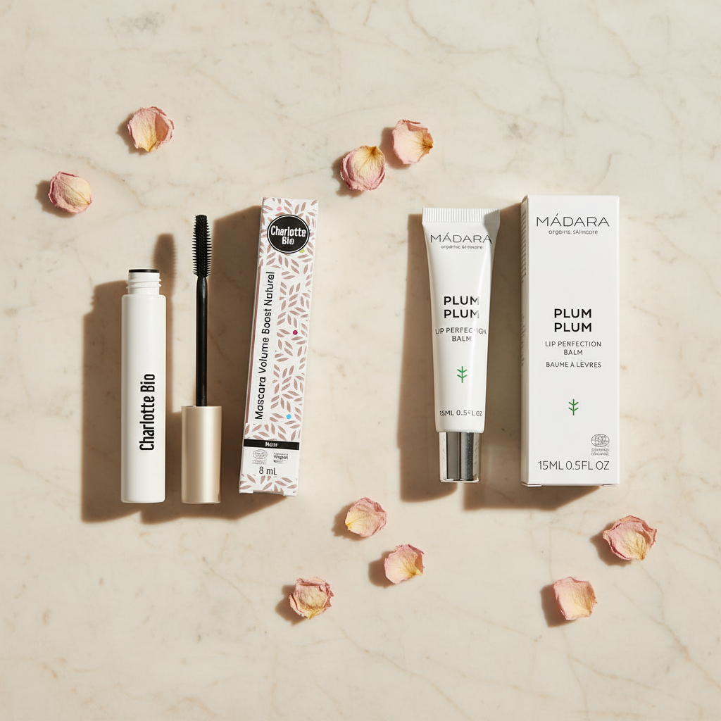 Charlotte Bio Mascara Volume Boost Natural og MÁDARA Plum Plum Lip Perfection Balm bundle – økologisk mascara og læbepomade til et skånsomt hverdagslook fra Nordisk Balance