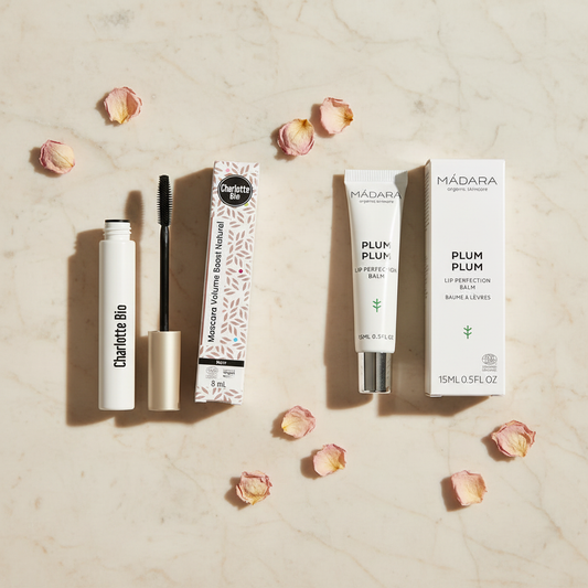 Charlotte Bio Mascara Volume Boost Natural og MÁDARA Plum Plum Lip Perfection Balm bundle – økologisk mascara og læbepomade til et skånsomt hverdagslook fra Nordisk Balance