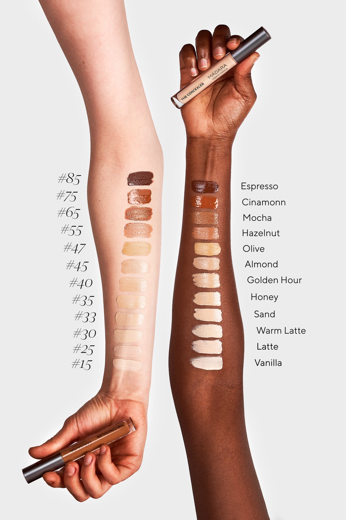 MÁDARA THE CONCEALER i alle 4 nuancer – Vanilje, Latte, Sand og Honning – Nordisk Balance
