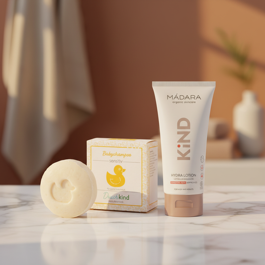 Duschkind baby shampoo bar og MÁDARA KiND Hydra Lotion bundle – skånsom naturlig pleje til baby og børn fra Nordisk Balance