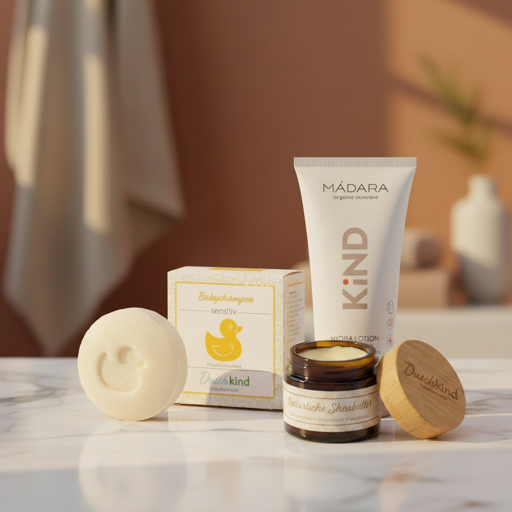 Duschkind baby shampoo bar, naturlig Sheabutter og MÁDARA KiND Hydra Lotion bundle – skånsom naturlig pleje til baby og børn fra Nordisk Balance