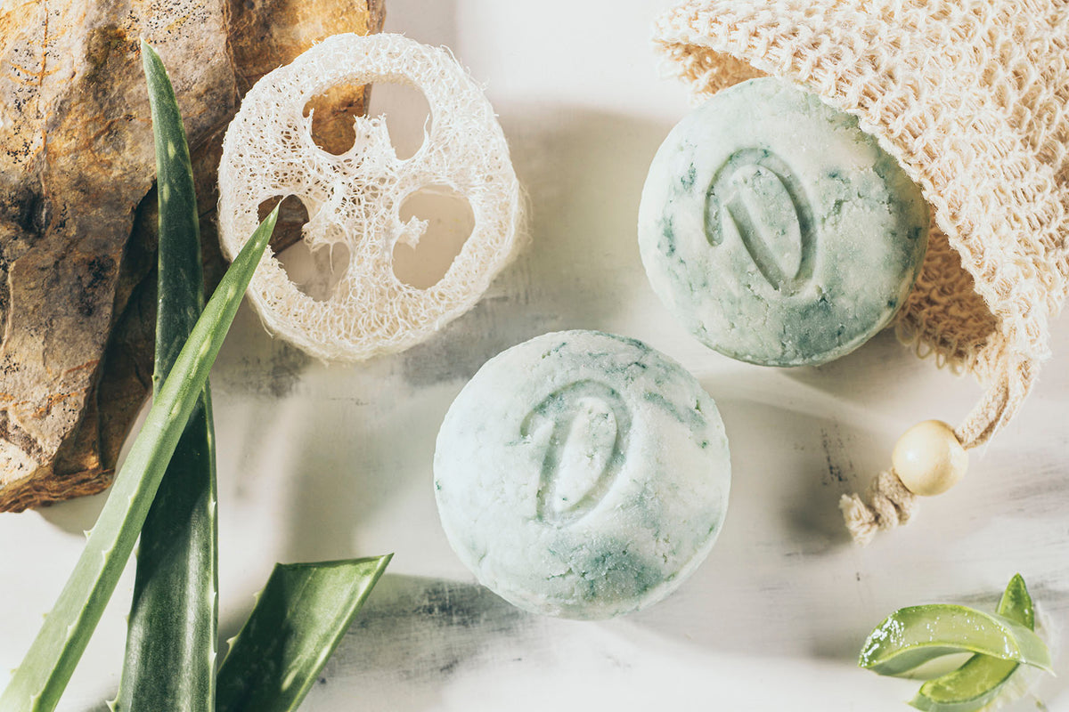 Duschkind Shampoo Bar Aloe Vera med sæbepose, loofah-svampeskive, aloe vera blade og natursten