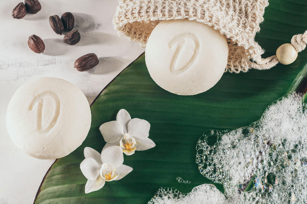 Duschkind Shampoo Bar Jojoba uden parfume på blad med jojoba og orkideblomster