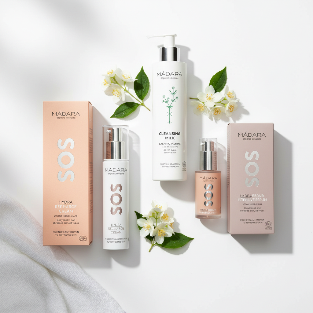MÁDARA Organic Skincare SOS bundle – Hydra Repair Intensive Serum 30ml, Cleansing Milk Calming Jasmine 200ml og Hydra Recharge Cream 50ml